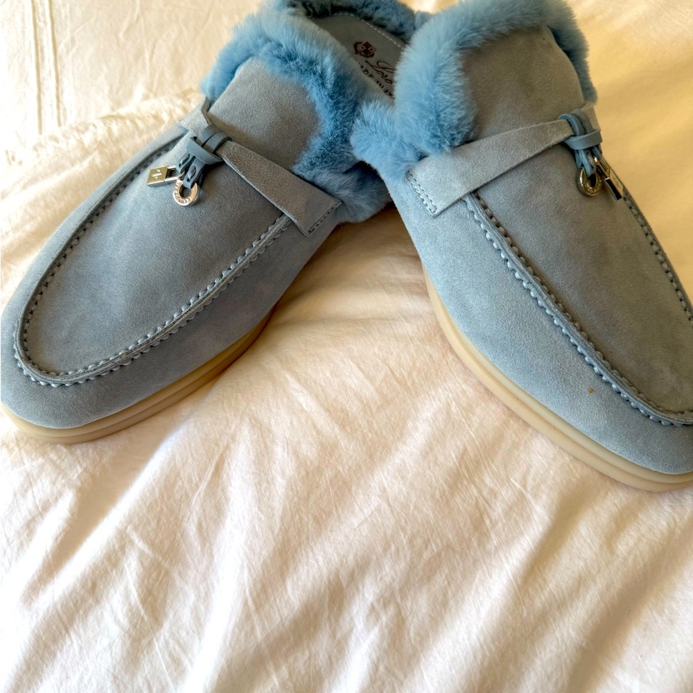 Baby Blue suede slip on mules